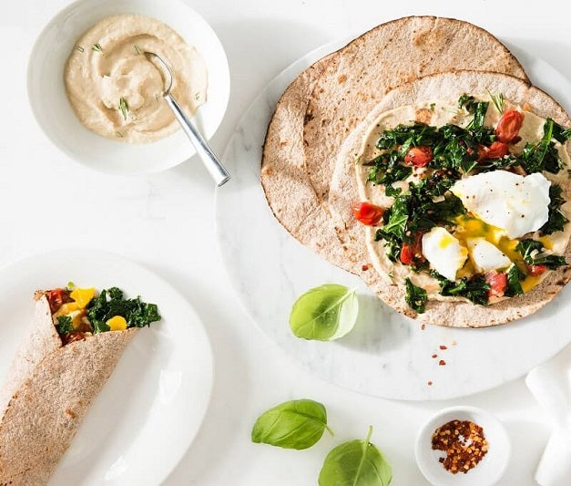 Kale, Egg, Tomato and Hummus Breakfast Wrap