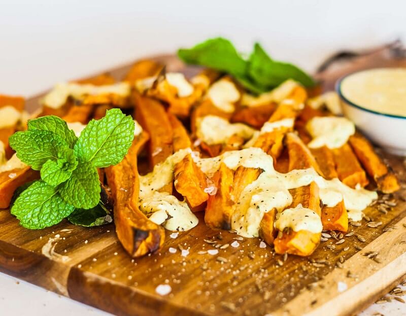 Baked Sweet Potato Fries with Turmeric & Mint Raita