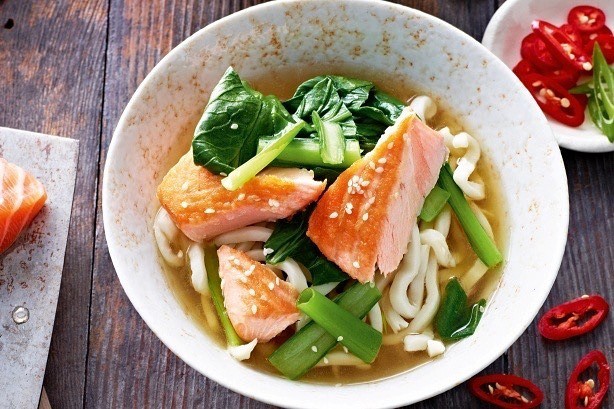 Miso Broth with Sesame Salmon & Buckwheat Udon Noodles
