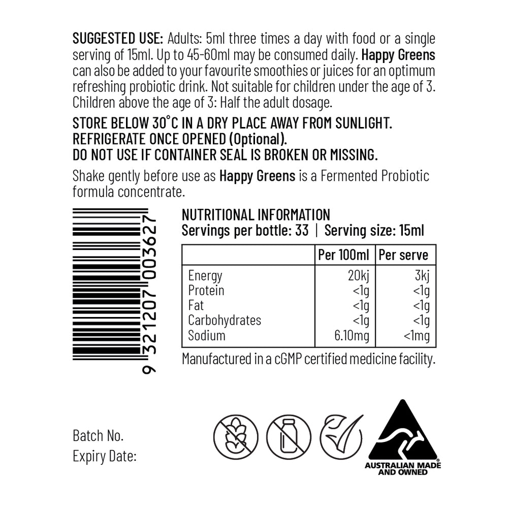 
                  
                    Liquid Probiotics and Green Food Supplements - Happy Greens
                  
                