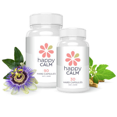 Two Bottles of Happy Calm Supplements with Flowers Surrounding Bottles - Happy Healthy You