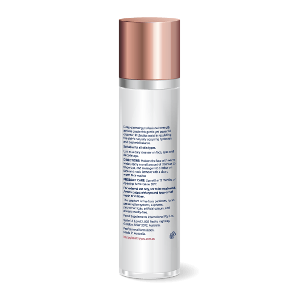 Back of 3.4 oz Bottle of Facial Cleanser - Happy Healthy You 